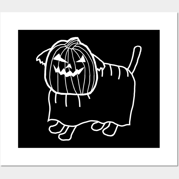 Minimal White Line Cute Dog Wearing Halloween Horror Costume Wall Art by ellenhenryart